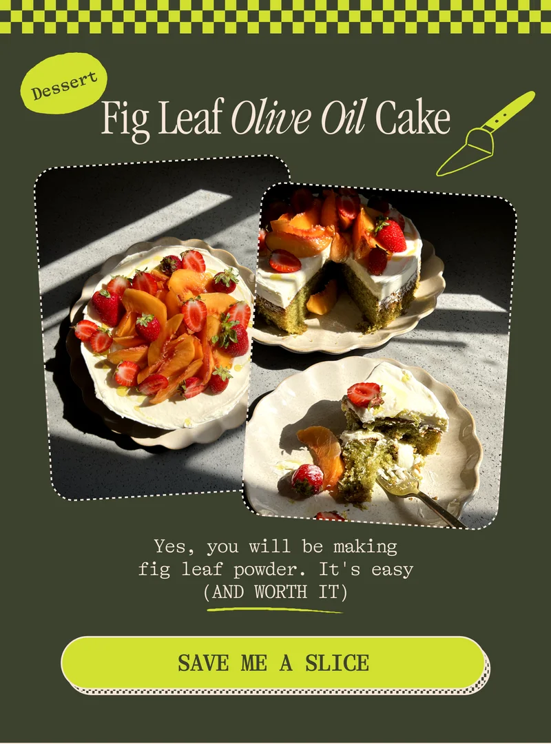 Fig Leaf Olive Oil Cake Yes, you will be making fig leaf powder. It's easy (AND WORTH IT). SAVE ME A SLICE