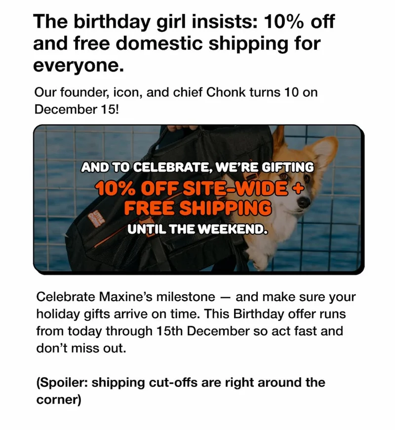The birthday girl insists: 10% off and free domestic shipping for everyone.