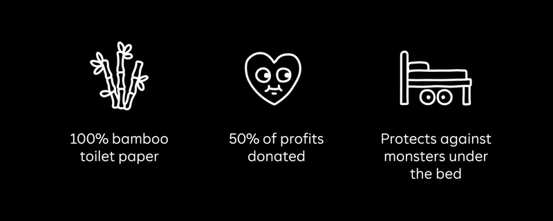 100% bamboo toilet paper 50% profits donated Protects against monsters under the bed