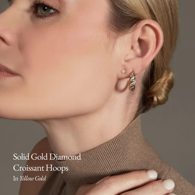 14k Solid Gold Diamond Croissant Hoop Earrings
