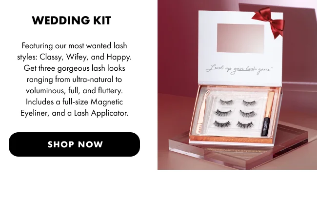 Description of the Wedding Kit: Lash styles including Classy, Wifey, and Happy with Magnetic Eyeliner and Lash Applicator