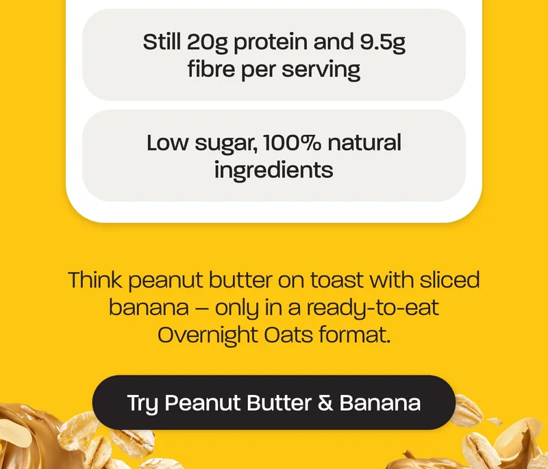 - Still 20g protein and 9.5g fibre per serving - Low sugar, 100% natural ingredients  Think peanut butter on toast with sliced banana – only in a ready-to-eat Overnight Oats format.