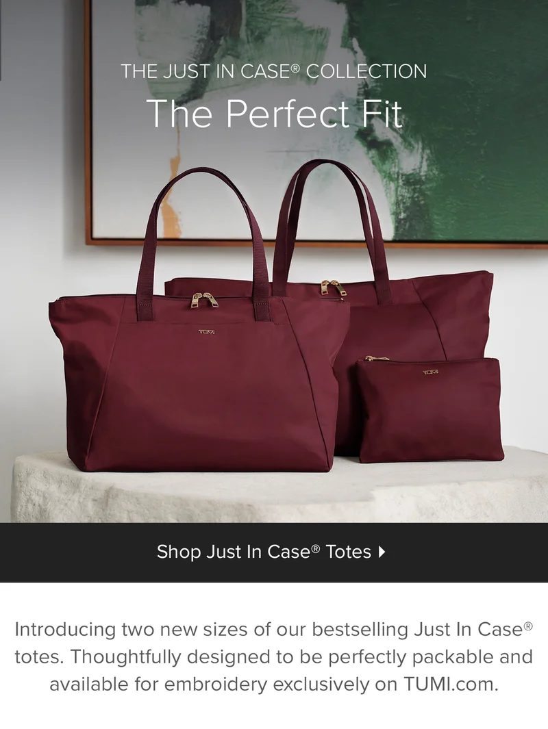 Introducing two new sizes of our bestselling Just In Case® totes. Thoughtfully designed to be perfectly packable and available for embroidery exclusively on TUMI.com.