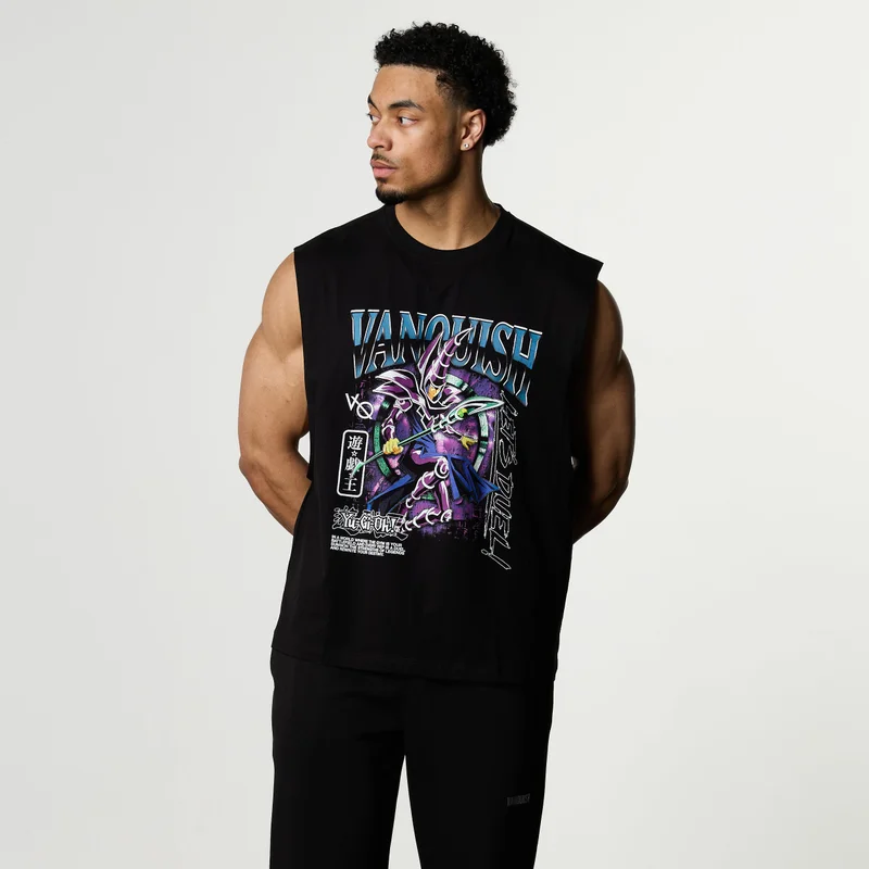 Image of YU-GI-OH! DARK MAGICIAN BLACK BOXY SLEEVELESS T SHIRT