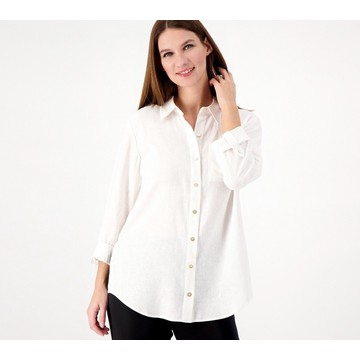 Susan Graver Regular Pure Linen Blend Button Front Shirt