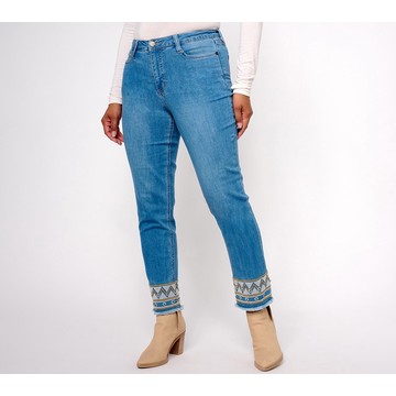 Susan Graver Regular Straight Leg Jean with Embroidered Hem