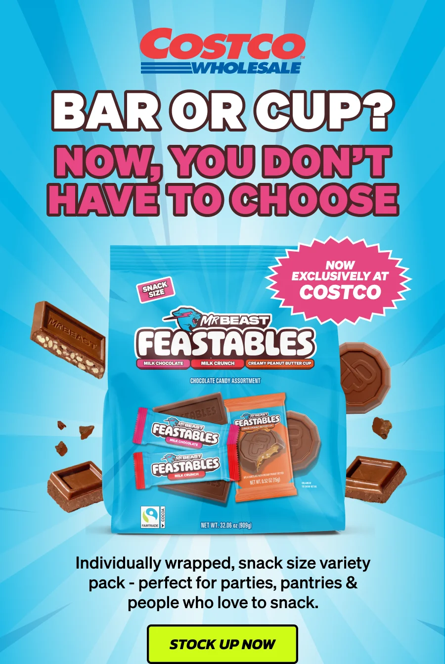 Bar or cup? Now, you don’t have to choose. The Snack-Size Variety Pack - Now exclusively at COSTCO! Individually wrapped, snack size variety pack - perfect for parties, pantries & people who love to snack. Stock up now!