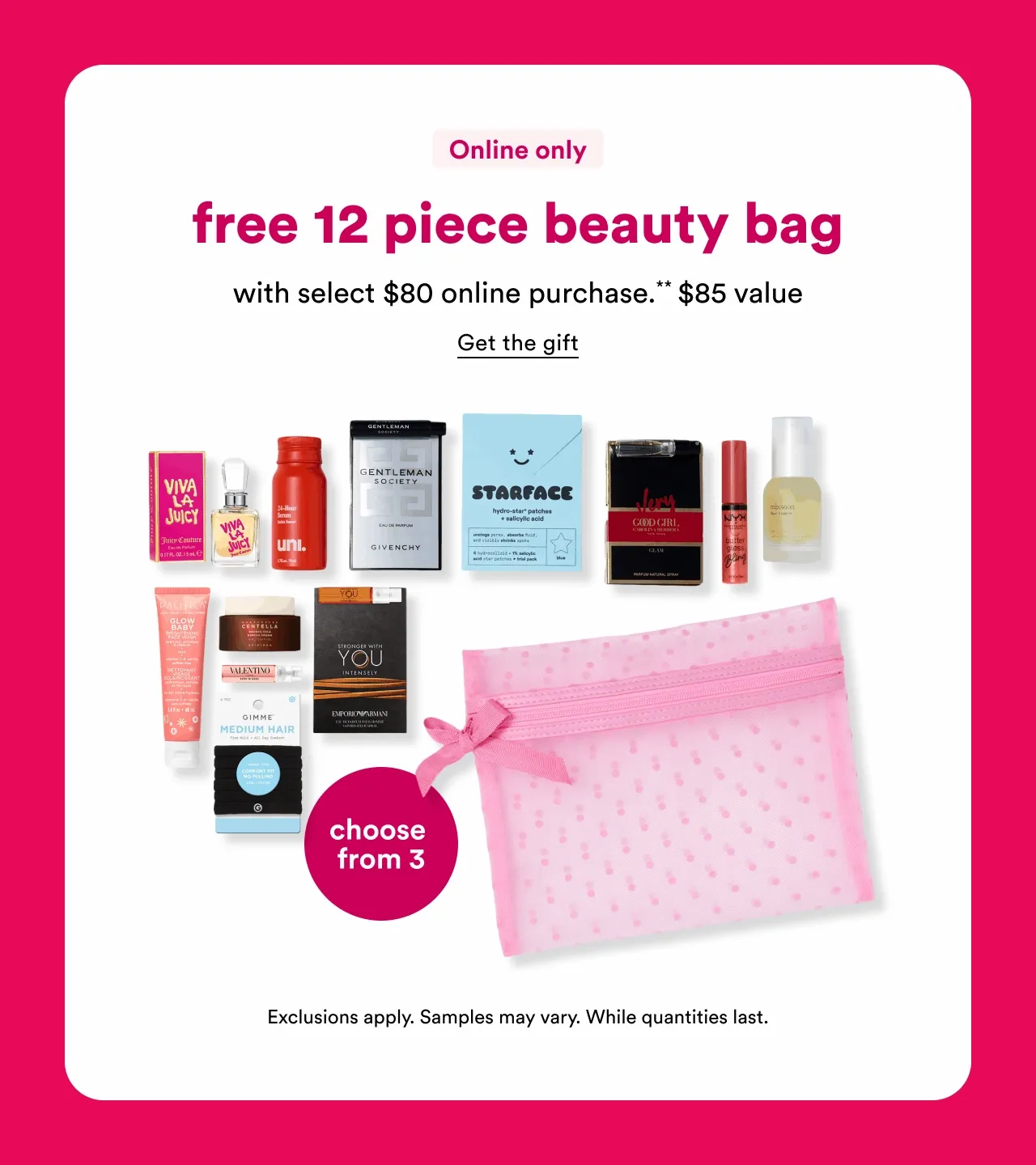Online Only | Free 12 piece beauty bag with select $80 online purchase. $85 value
