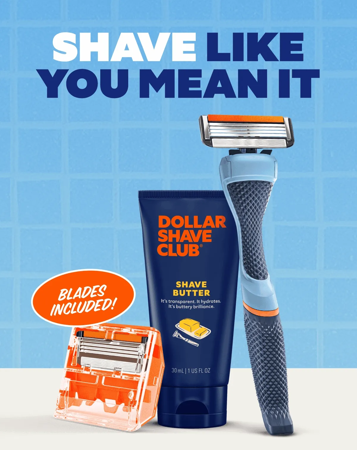 The Classic 4B Razor (2ct) Four blades that crush stubble in one swipe. Diamond Grip Handle (Blue/Green/Black) Stays steady, even when your hand doesn’t. Shave Butter (1oz) Softens hairs and hydrates skin for a glide so smooth it’s unfair.