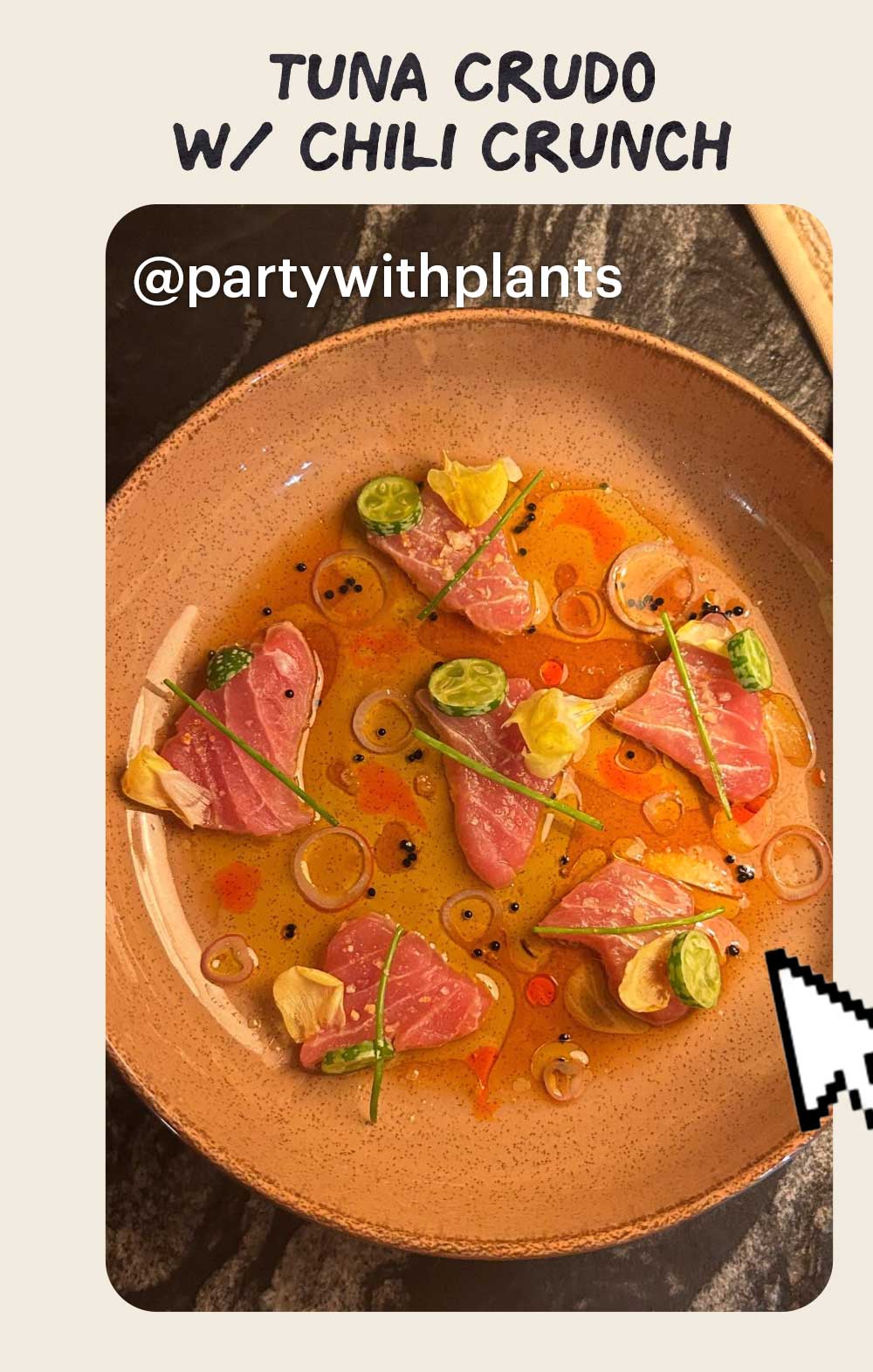 Header: Tuna Crudo w/ Chili Crunch  Sub-header: — @partywithplants