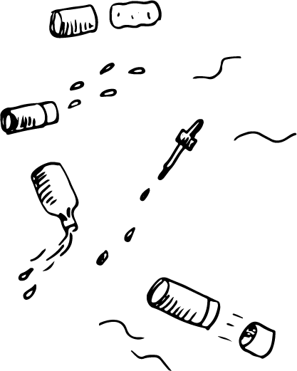 A line drawing of bottles and caps
