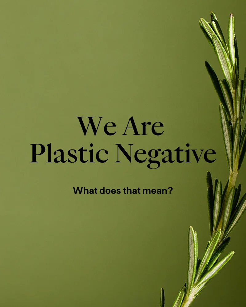"We Are Plastic Negative, what does that mean" on a green background with a sprig of rosemary