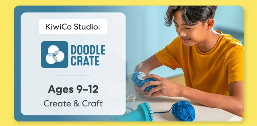 Smiling teen holding a colorful KiwiCo art and design project. Inspires creativity for ages 9–12
