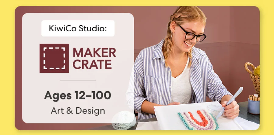 Smiling teen holding a colorful KiwiCo art and design project. Inspires creativity for ages 12-100