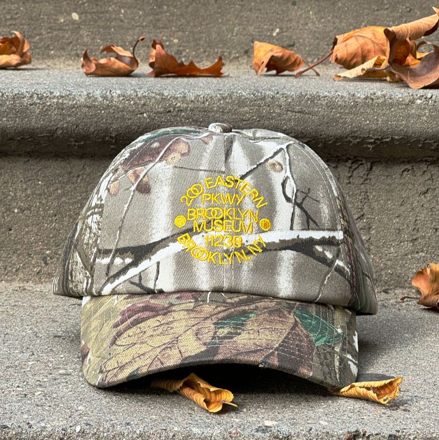 Photograph of a Brooklyn Museum–branded camo cap with fall leaves around it