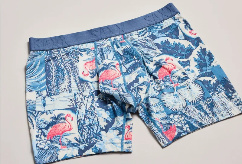 Blue tropical print SAXX boxer briefs with pink flamingo details