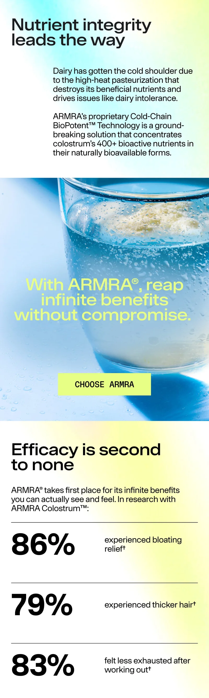Glass of water with dissolved colostrum powder and a “Choose ARMRA” call to action.