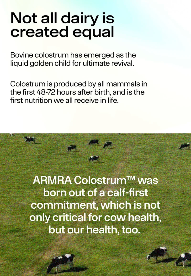 Text explaining what bovine colostrum is, shown over a pastoral field with grazing cows.