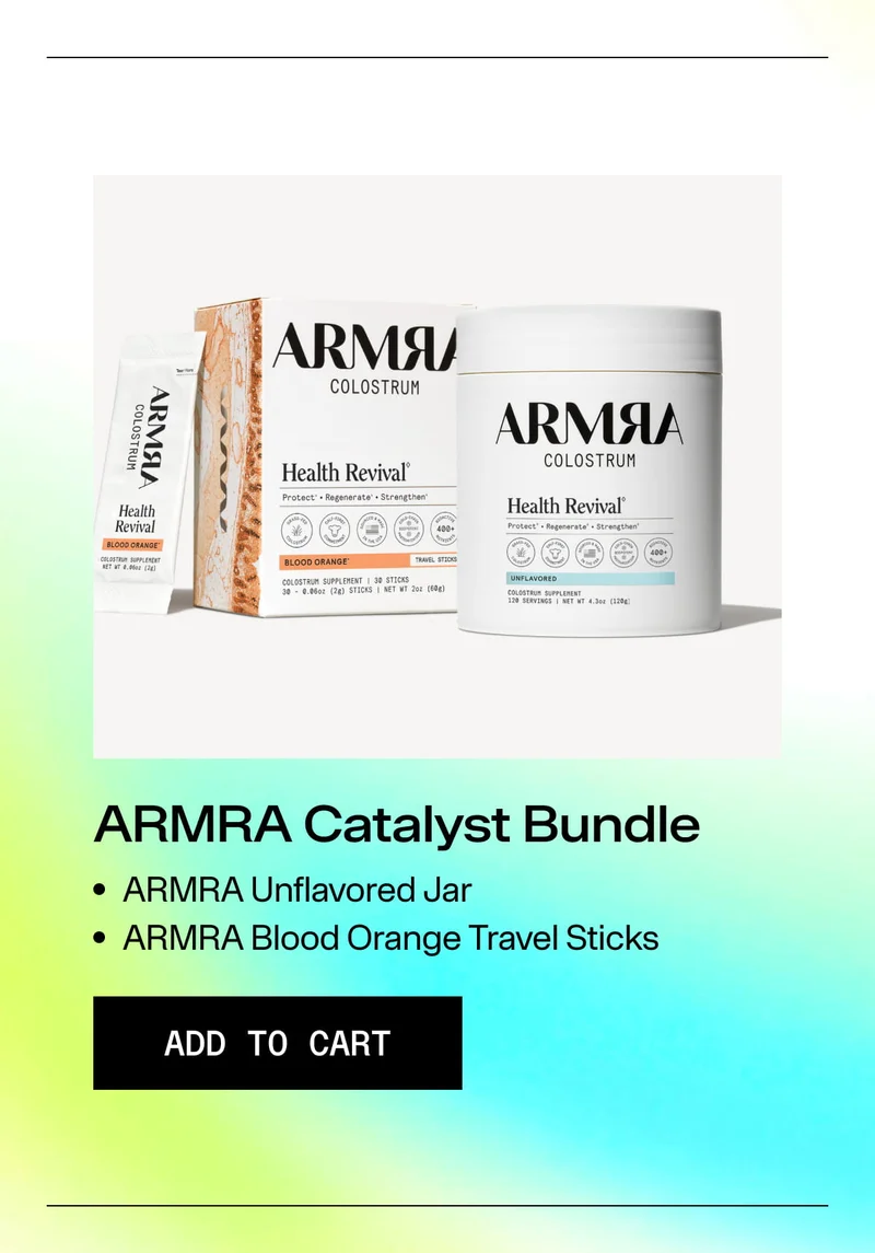 ARMRA Colostrum jar and Blood Orange travel sticks labeled as the Catalyst Bundle.