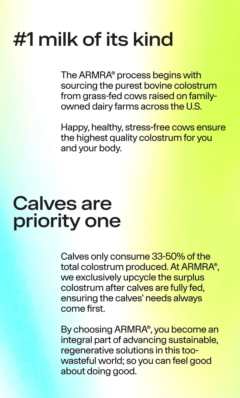 Glass of water with dissolved colostrum powder and a “Choose ARMRA” call to action.