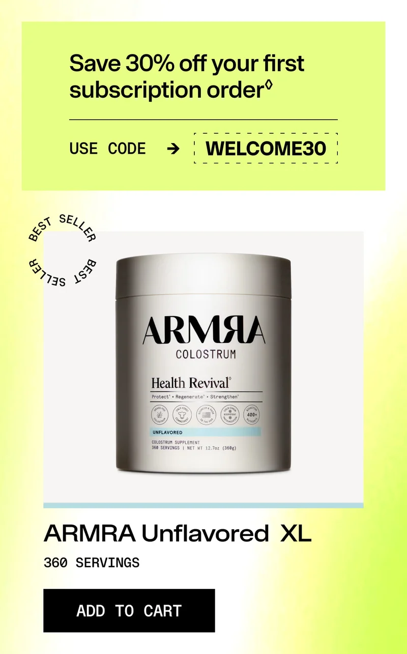 ARMRA Colostrum Unflavored XL jar with banner offering 30% off first subscription using code WELCOME30.