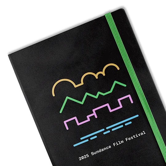 A rotating GIF of Sundance Film Festival merch, including a bag, a notebook, various clothing items, and stickers.