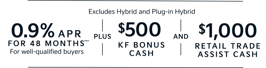 Excludes Hybrid and Plug-in Hybrid | 0.9% APR FOR 48 MONTHS*** For well-qualified buyers | PLUS | $500 KF BONUS CASH | $1000 RETAIL TRADE ASSIST CASH