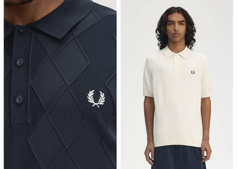 Side-by-side of two Fred Perry knitted shirts, one is a close up of a Navy Cable Knitted Shirt and the other is an Ecru Cotton Knitted Shirt