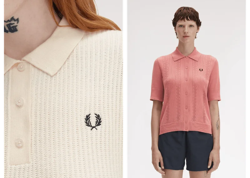 Side-by-side of two Womens Knitted Polos: one in Silky Peach with a textured stitch, the other in pink with vertical knit detailing and a full button front.