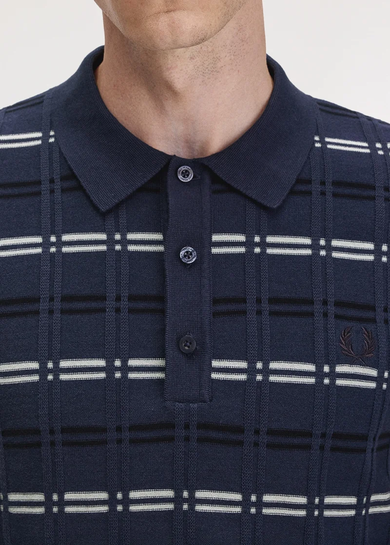 White male model wearing a Tennis Blue Striped Rib Knitted Shirt