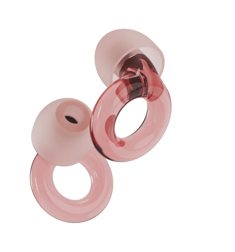 A set of rose-colored Engage earplugs.