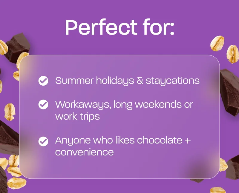 Perfect for: - Summer holidays & staycations - Workaways, long weekends or work trips - Anyone who likes chocolate + convenience