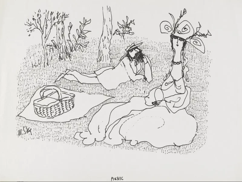 Drawing of a man and a woman having a picnic