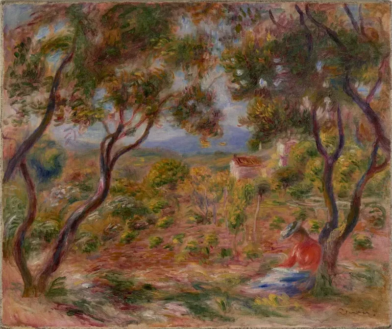 Painting of a woman reading among trees