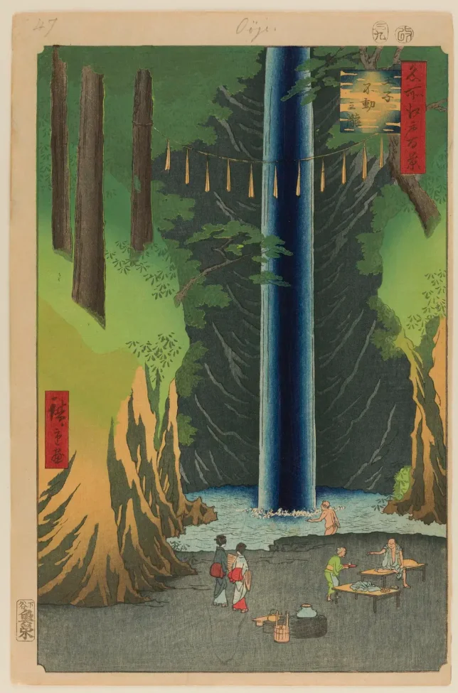 Print of people relaxing by a waterfall