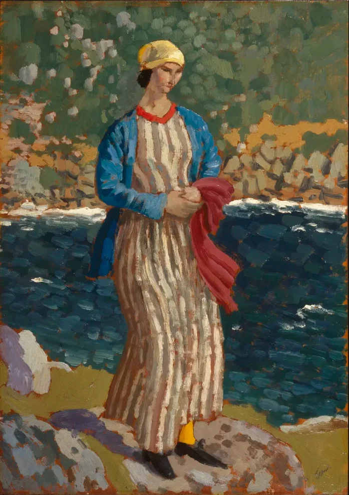 A painting of a woman standing at a riverbank
