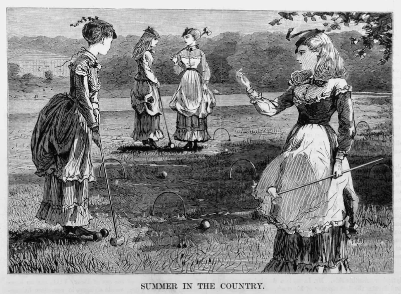 Black-and-white illustration of women playing croquet