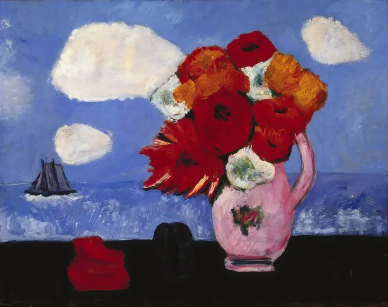 Painting of clouds and a vase of flowers