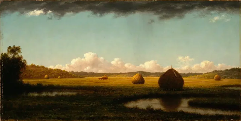 Painting of a sunny field with clouds overhead