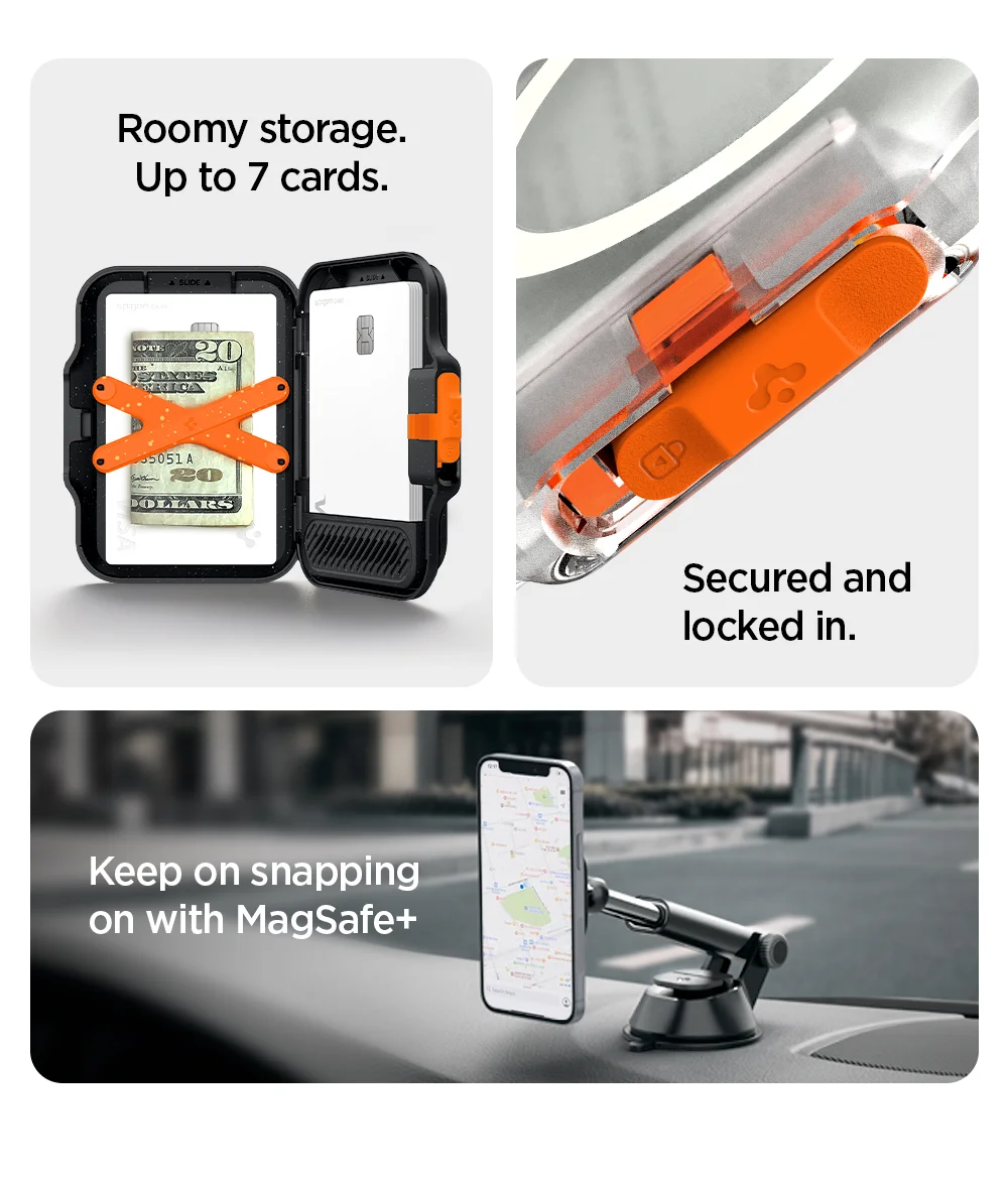Roomy storage. Up to 7 cards. Secured and locked in. Keep on snapping on with MagSafe+.