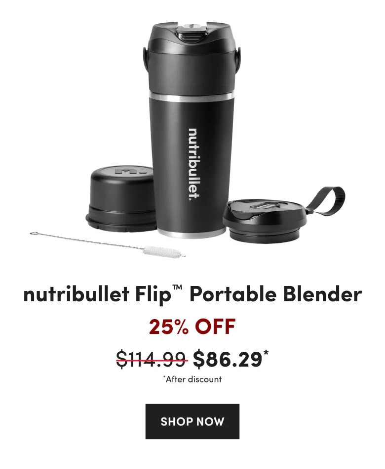 A black portable nutribullet flip blender shown with two different lids and a cleaning brush.
