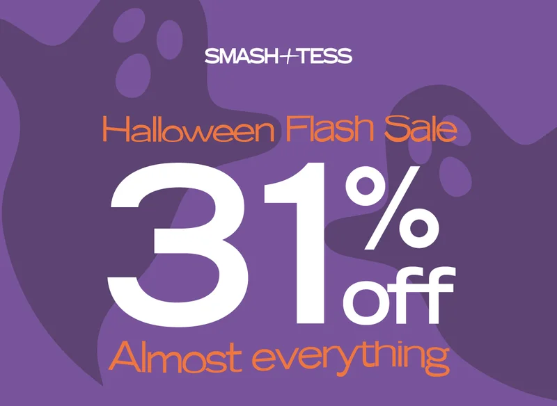purple graphic of ghosts with caption '31% off halloween flash sale'