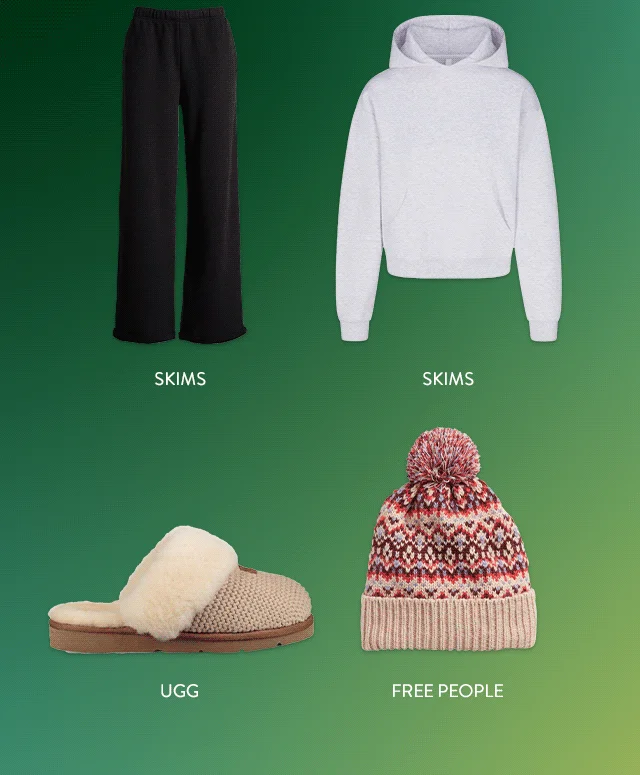 SKIMS sweatpants and hoodie, UGG slippers and Free People beanie.