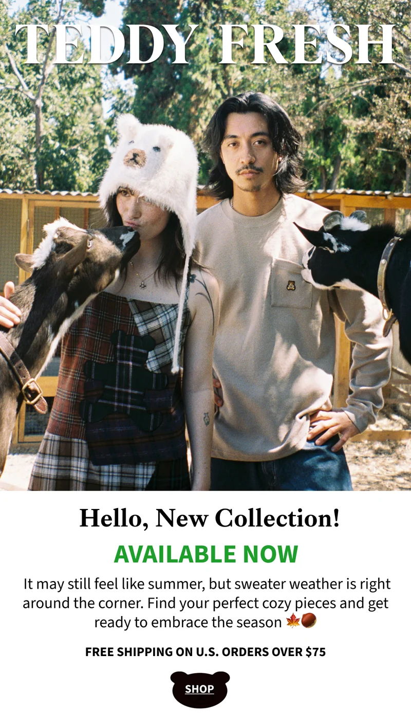 Models wearing pieces from our latest collection whilst hanging out with a pair of friendly goats.