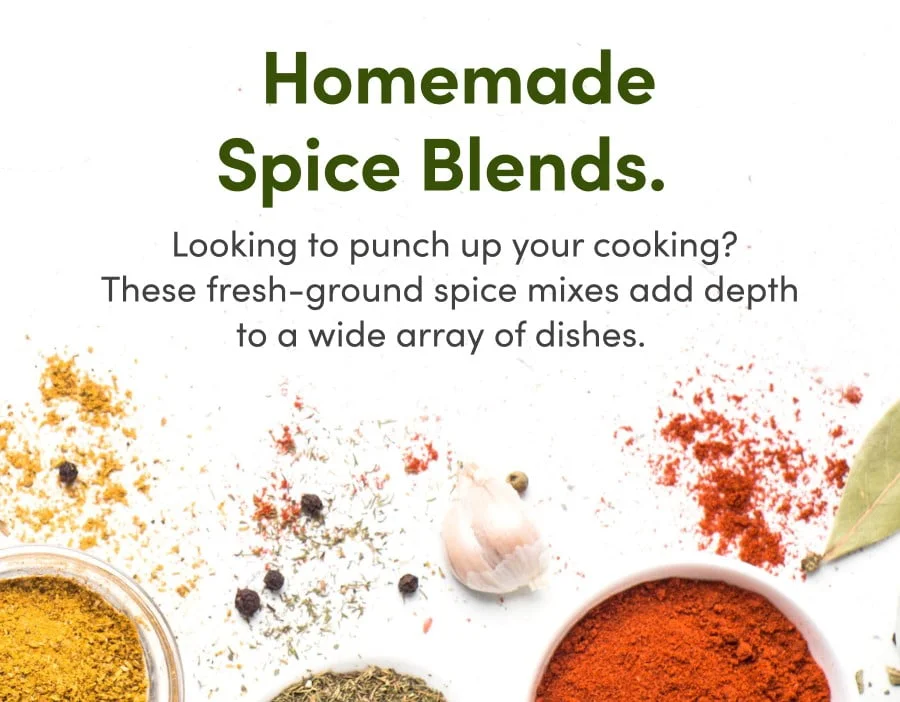 a vibrant flat lay of spices like paprika, turmeric, and herbs promoting homemade spice blends