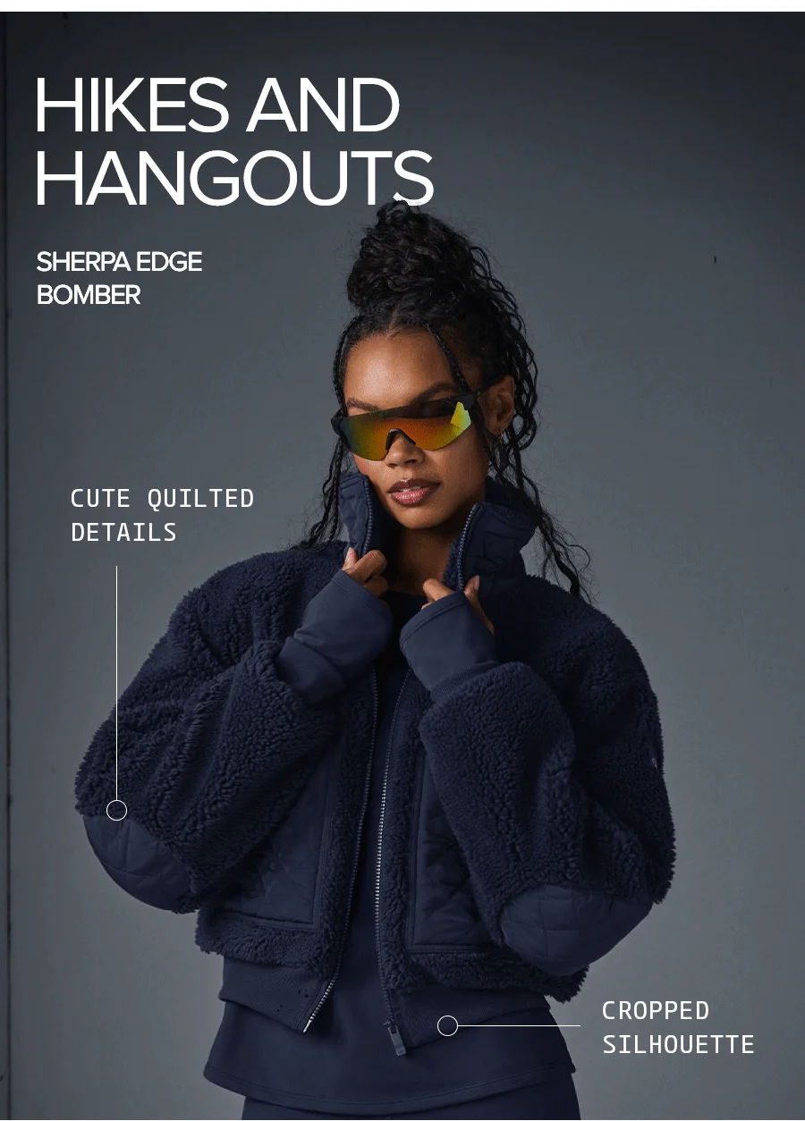 HIKES AND HANGOUTS. Sherpa Edge Bomber. Cute Quilted Details. Cropped Slihouette