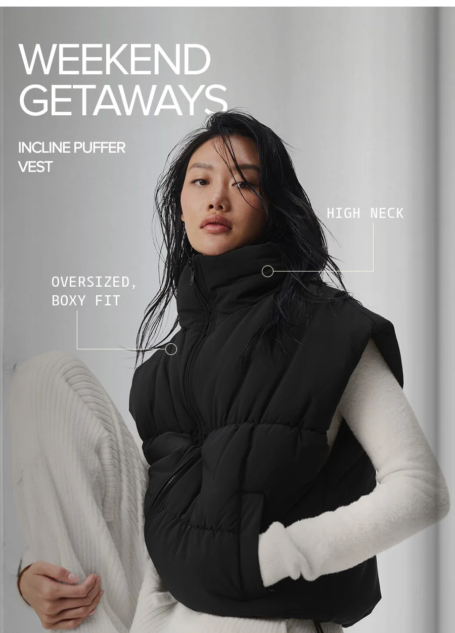 WEEKEND GETAWAYS. Incline Puffer Vest. Comfy Hooded Collar