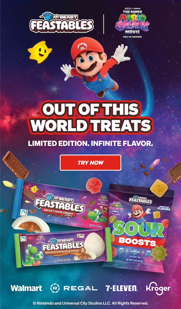 Feastables & The Super Mario Galaxy Movie: OUT OF THIS WORLD TREATS! Limited edition. Infinite flavor.  Shop online or in-store at: Walmart, Regal, 7-Eleven & Kroger. Click here to try them now!