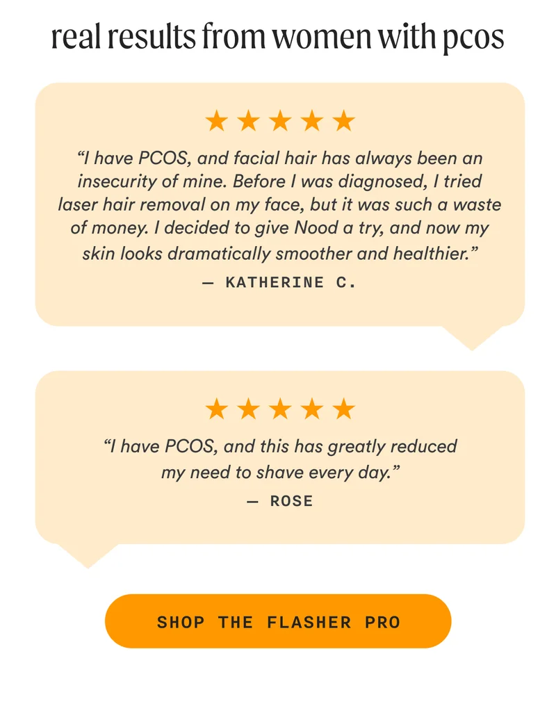 real results from real women with pcos - “I have PCOS, and facial hair has always been an insecurity of mine. Before I was diagnosed, I tried laser hair removal on my face, but it was such a waste of money. I decided to give Nood a try, and now my skin looks dramatically smoother and healthier.” — Katherine C. - “I have PCOS, and this has greatly reduced my need to shave every day.” — Rose. - SHOP THE FLASHER PRO