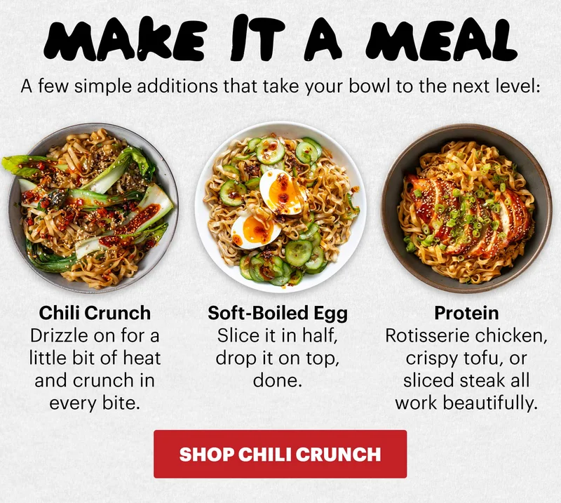 Header: Worth the wait. Sub-header: The one you've been patiently waiting for is back. Our Soy & Scallion Noodles are ready in 3 minutes, air-dried (not fried), and packed with 10g of protein. CTA: SHOP SOY & SCALLION